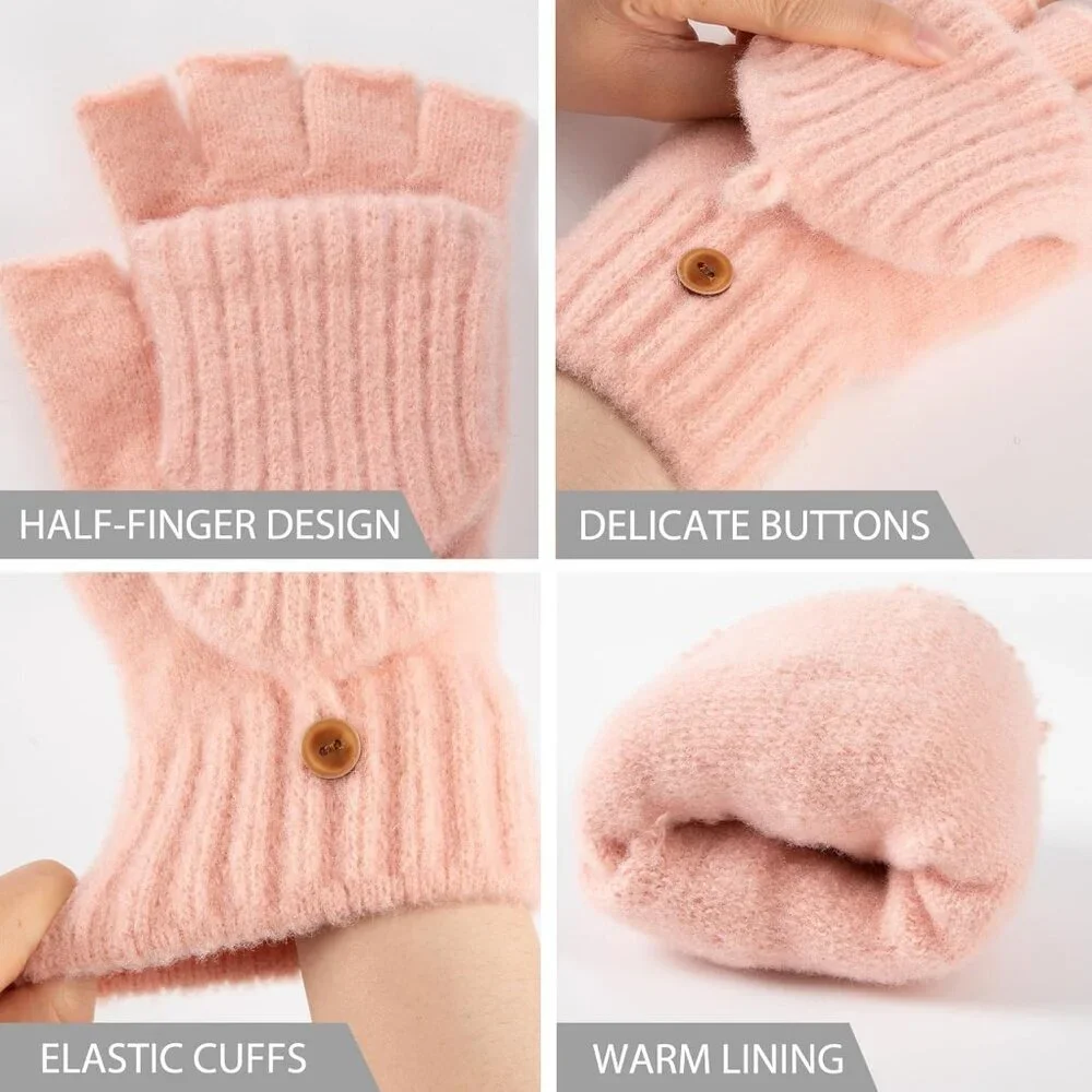 Women's Winter Warm Mittens Knitted Pink Gloves Fingerless Button Closure